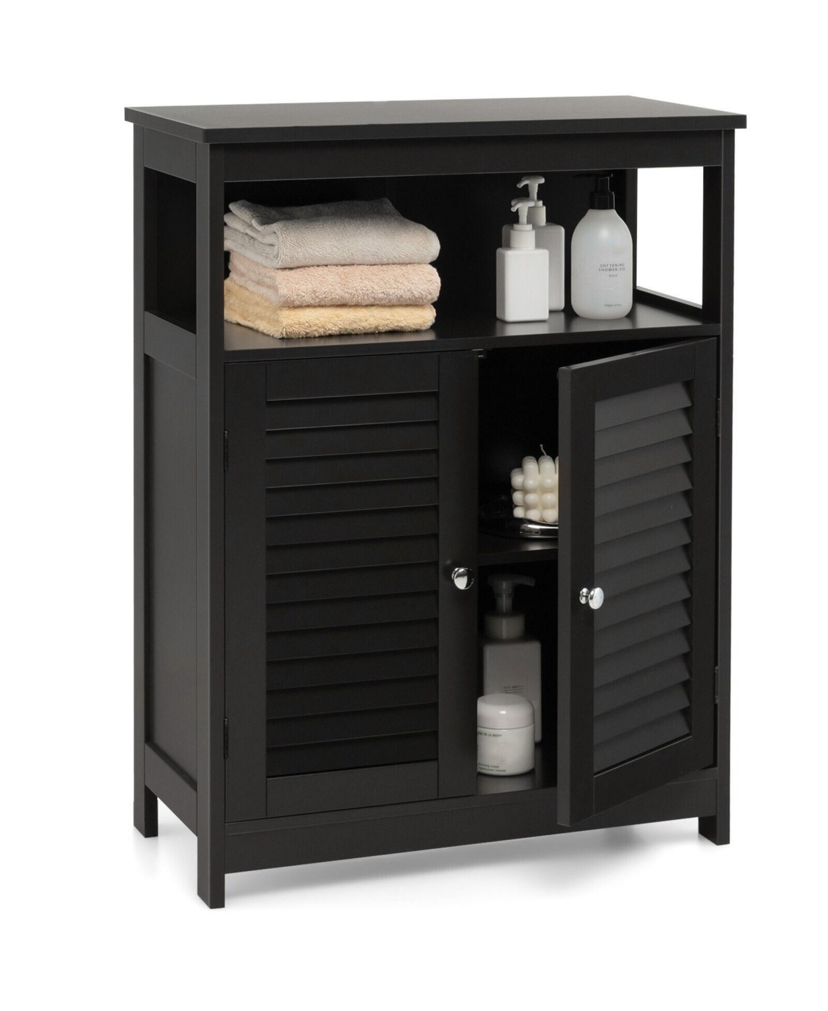 Wood Freestanding Bathroom Storage Cabinet with Double Shutter Door - Black