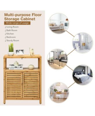 1-Pc Bamboo Floor Cabinet with Double Slatted Doors, Open Shelf and Removable Shelf