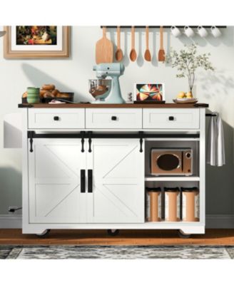 Farmhouse Kitchen Island with Drop Leaf & Wheels