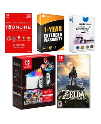 Switch OLED Console Mario Kart 8 Bundle with Legend of Zelda Breath of the Wild, NSO 12 Month Family Membership, MightySkins Console and Cont