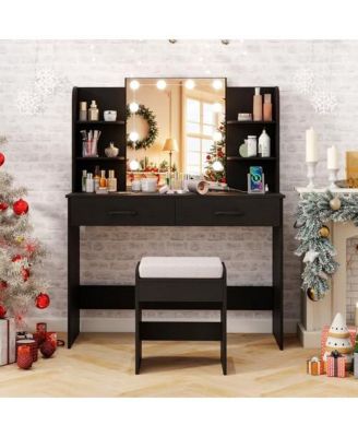 Vanity Set with Lighted Mirror and Stool with Power Outlet