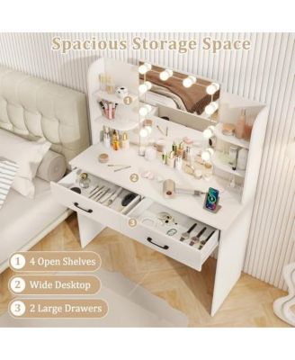 Vanity Set with Lighted Mirror and Stool with Power Outlet