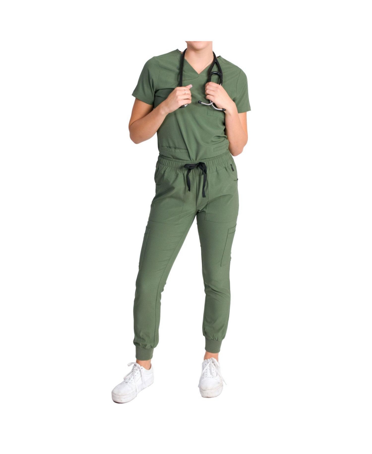 Women's Fleur Stretch Scrub Set with Zip Chest Pocket Top and Knit Rib Cuffs Jogger Pants - Espresso