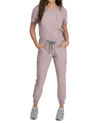 Women's Stretch Scrub Set with Zip Chest Pocket Top and Knit Rib Cuffs Jogger Pants
