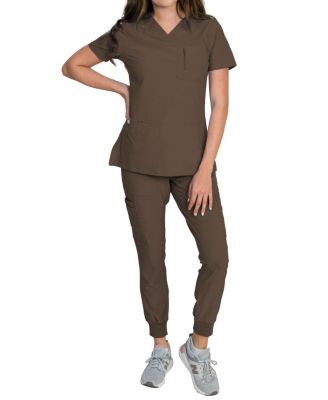 Women's Stretch Scrub Set with Zip Chest Pocket Top and Knit Rib Cuffs Jogger Pants