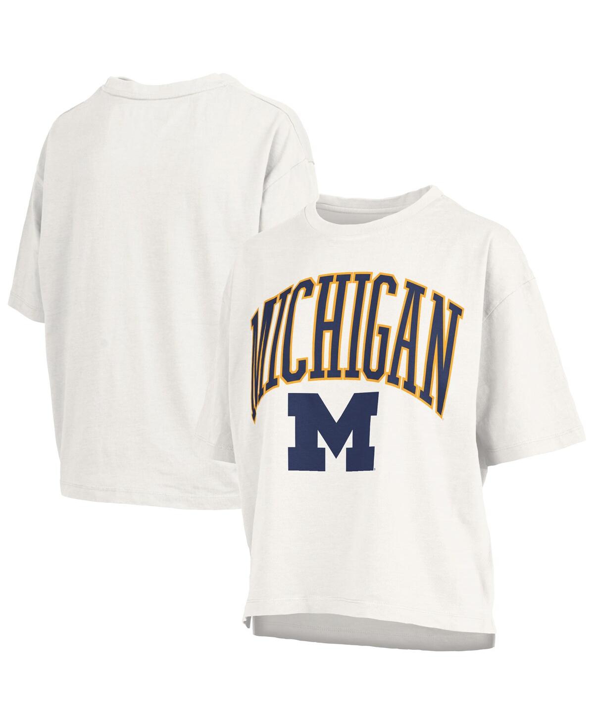 Women's White Michigan Wolverines Nelson Arch Over Logo Waist Length Oversized Slub T-Shirt - White