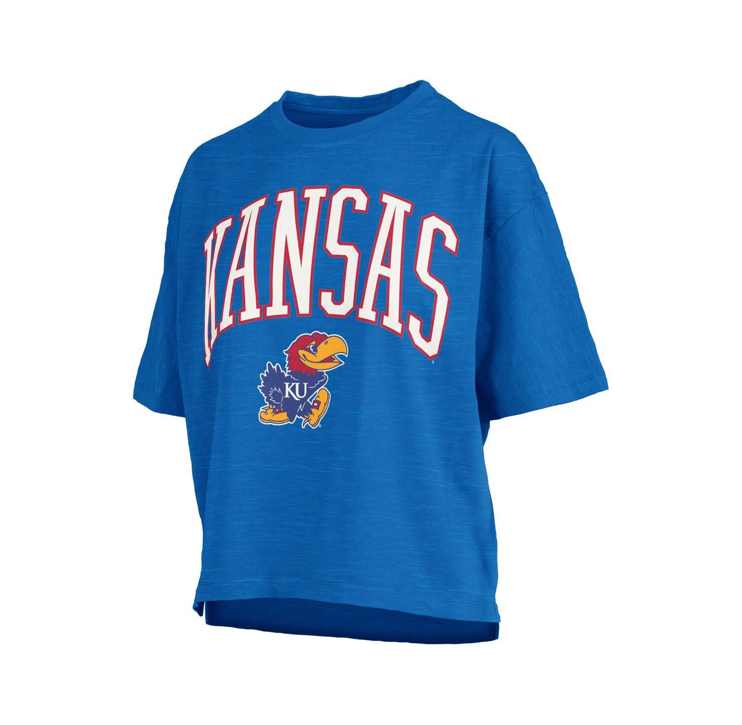 Women's Royal Kansas Jayhawks Nelson Arch Over Logo Waist Length Oversized Slub T-Shirt