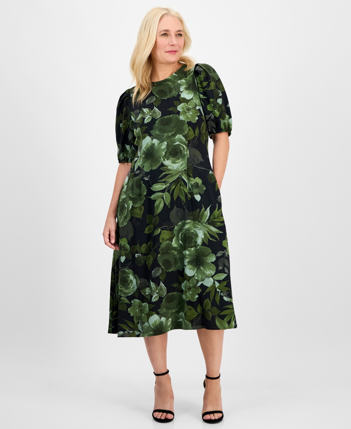 Women's Woven Puff-Sleeve Round-Neck Midi Dress - Olive