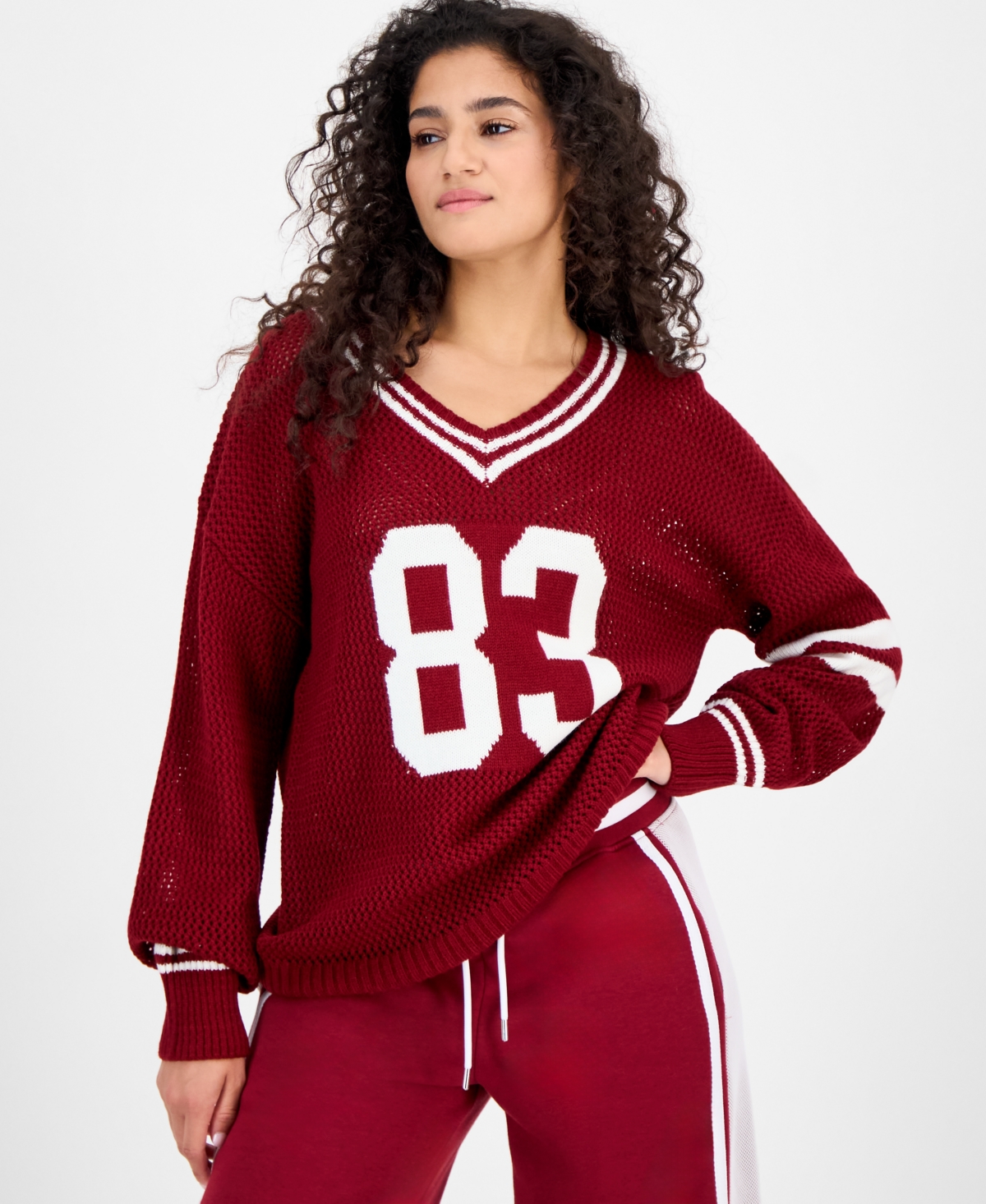 Juniors' Varsity Long-Sleeve Open Knit Sweater - Red
