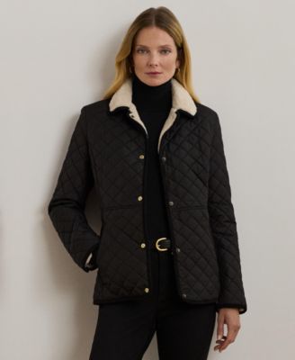 Ralph Lauren Womens Faux Sherpa Collar Quilted Coat P Xs Xxl In Black