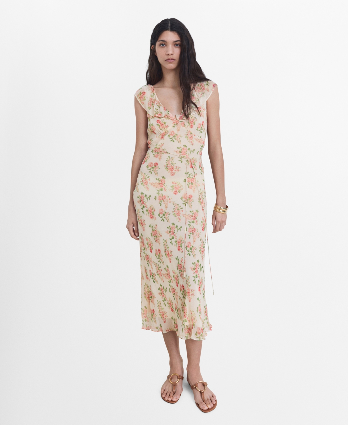 Mango Floral Midi-dress With Bow Ecru