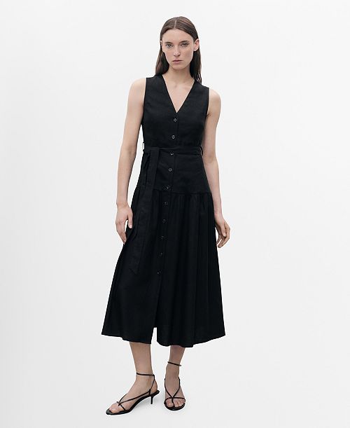 alfani MANGO Women's Belt Linen-Blend Midi Dress Women's Fashion Shoes & Accessories