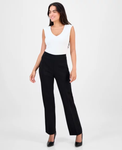 AK Anne Klein Petite Mid-Rise Side-Tab Straight-Leg Pants - Anne Black