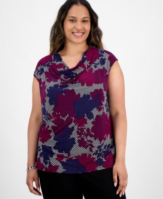 Kasper - Plus Size Cowlneck Cap-Sleeve Top