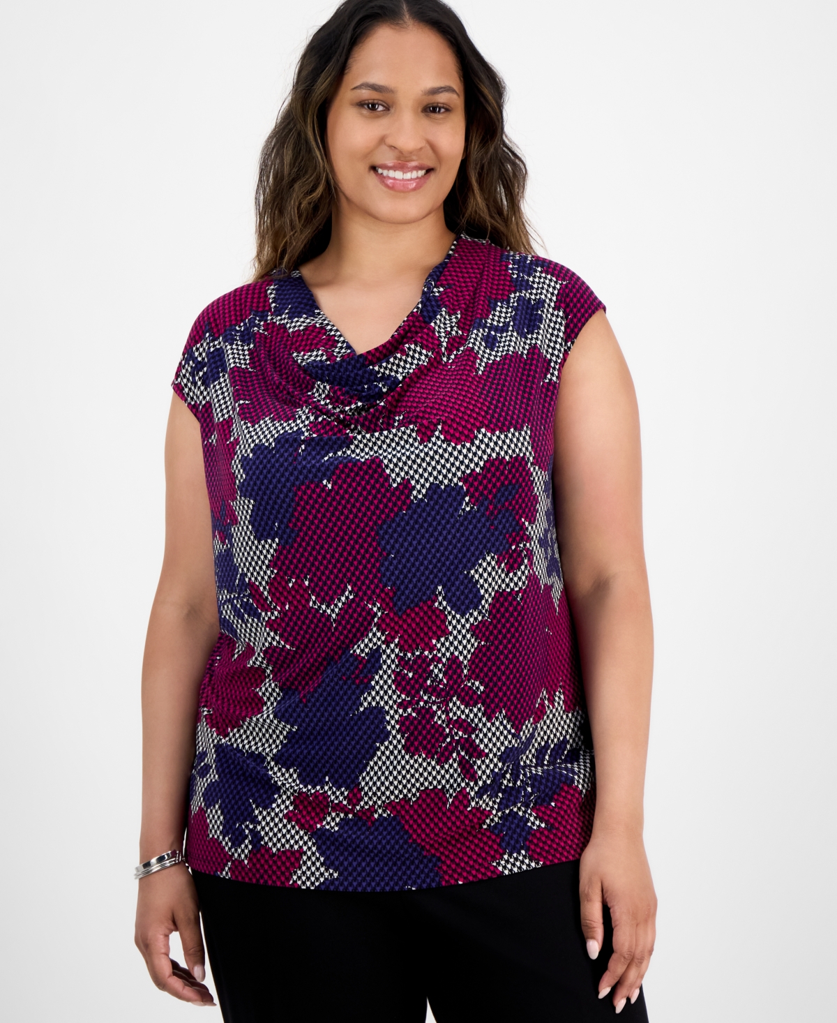 Plus Size Cowlneck Cap-Sleeve Top - Vanilla Ice Multi