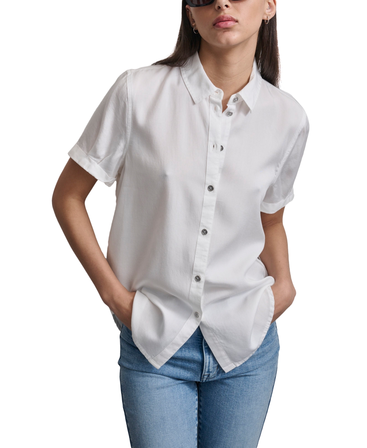 Dkny Jeans Petite Rolled Short-sleeve Button-up Shirt In White