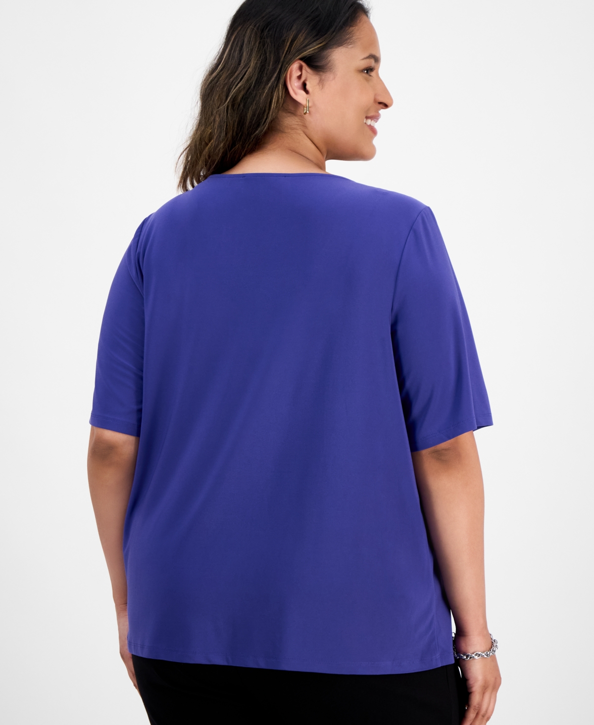 Kasper Plus Size Elbow-sleeve Pleated-neck Top