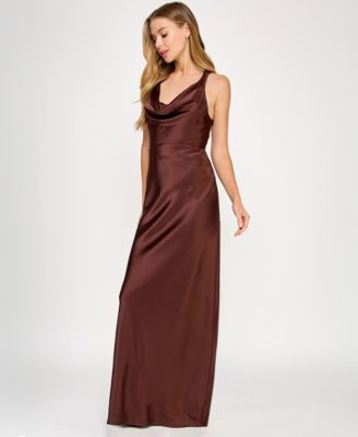 Juniors' Satin Cowl-Neck Halter Gown