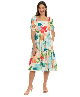 London Times - Women's Floral-Print Square-Neck Puff Midi Dress