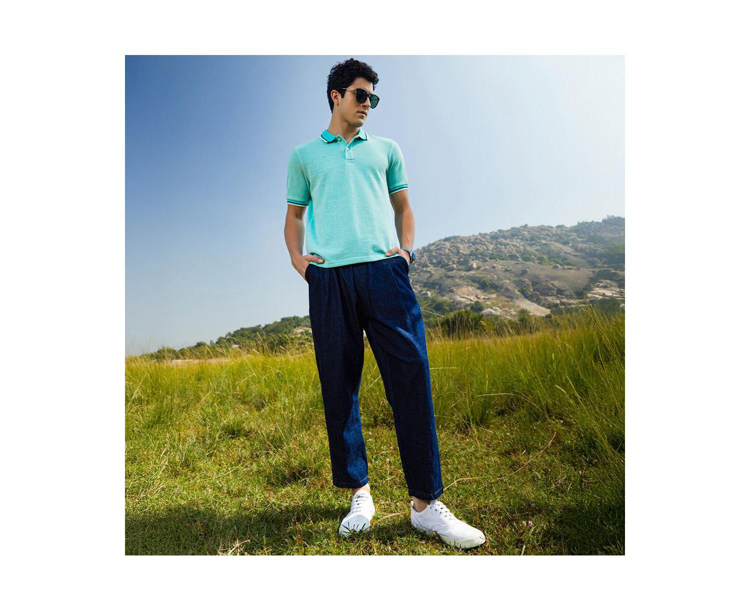 Men's Aqua Blue Multitrack Knit Polo T-Shirt