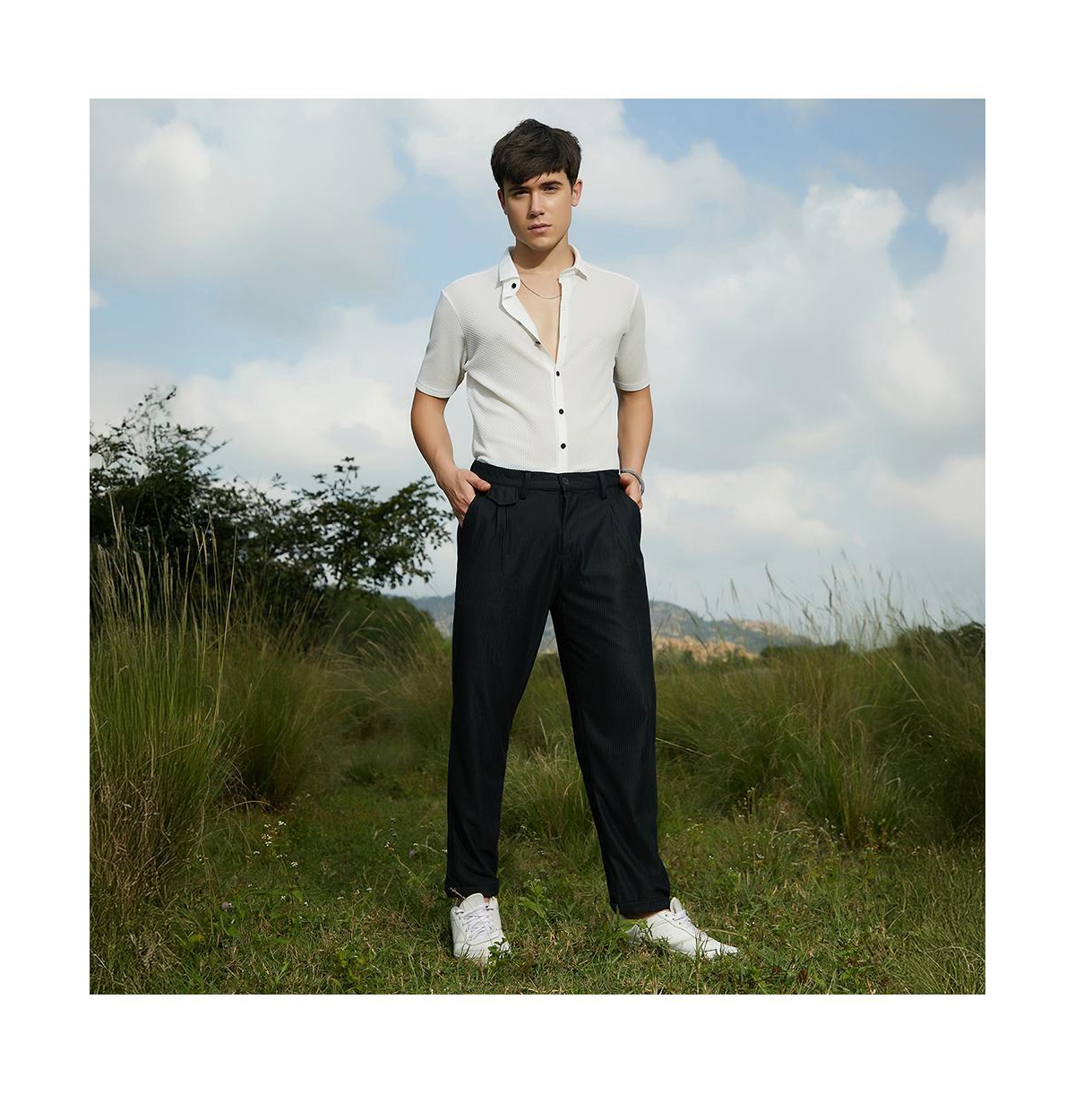 Campus Sutra Men's Midnight Black Corduroy Tailored Trousers
