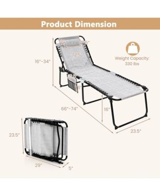 Folding Chaise Lounge Portable Lay Flat Reclining Chair w/ 4-Level Backrest Side Pocket