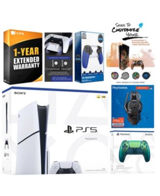 Playstation 5 Slim Disc with Extra Chroma Indigo Controller, Plantronics Headset, Trigger Stop Kit, Charge Dock and MightySkins Decal Voucher + 1