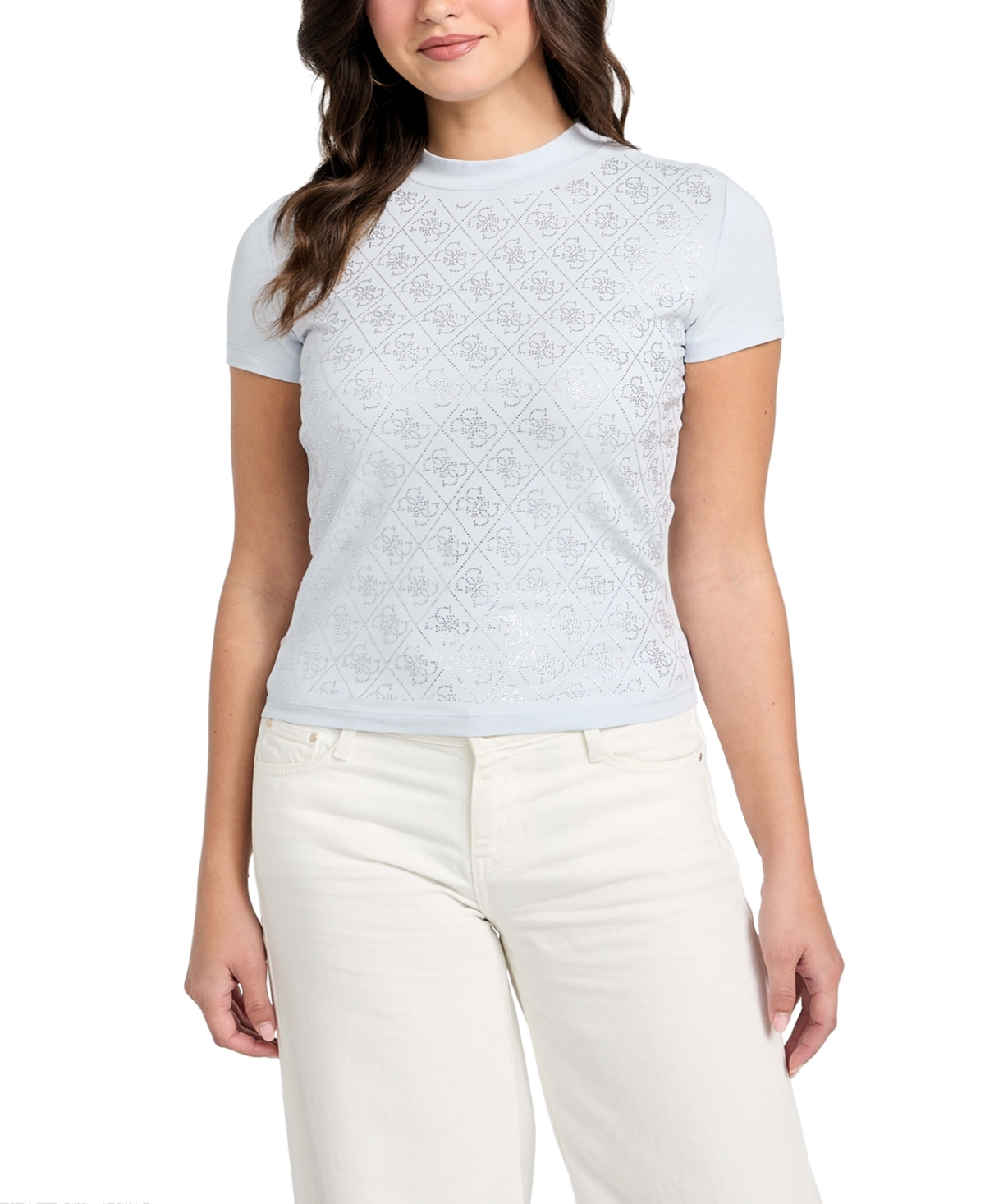 Guess Women's Rhinestone-logo Mock-neck Short-sleeve Top