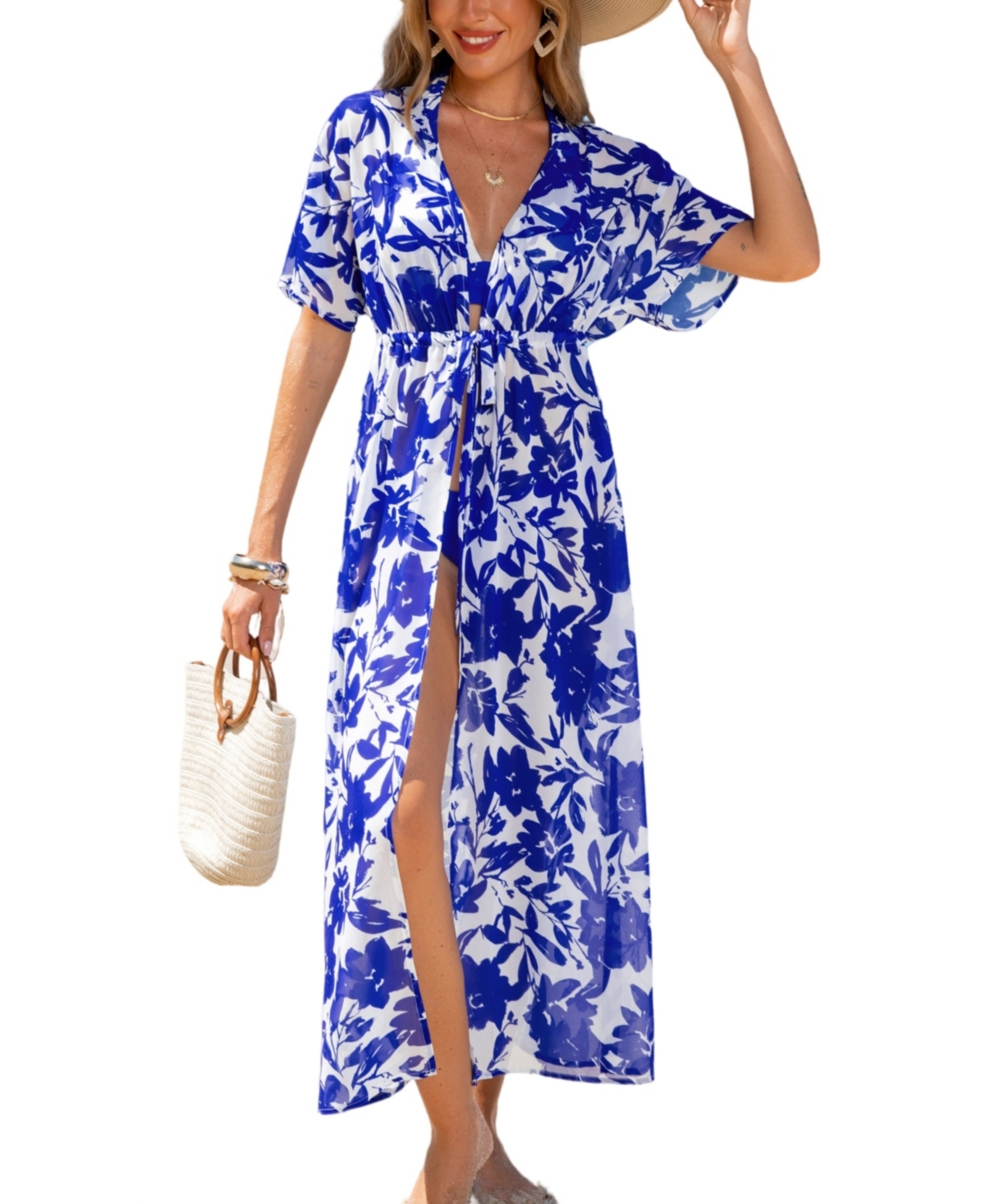 Women's Enchanted Drape Floral Cover-Up Kimono - Medium blue