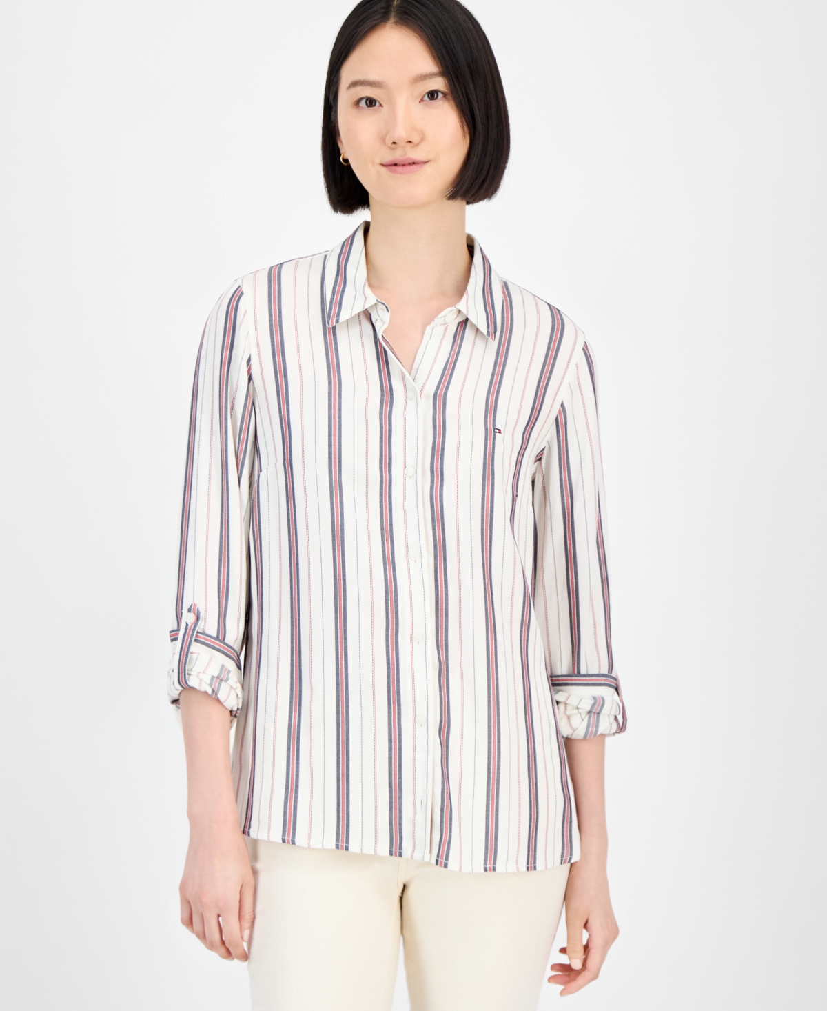 Tommy Hilfiger Women's Striped Roll-Tab Shirt - Ivory Multi