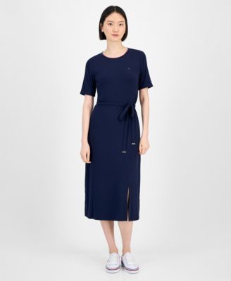 Tommy Hilfiger - Women's Ribbed Belted Short-Sleeve Midi Dress