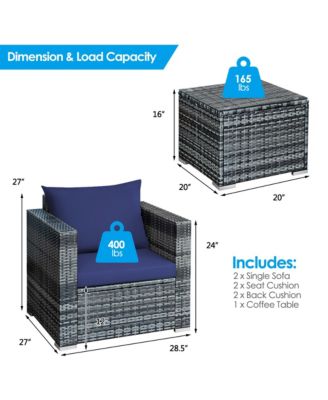 3PCS Rattan Patio Conversation Furniture Set Outdoor Yard w/ Navy Cushion