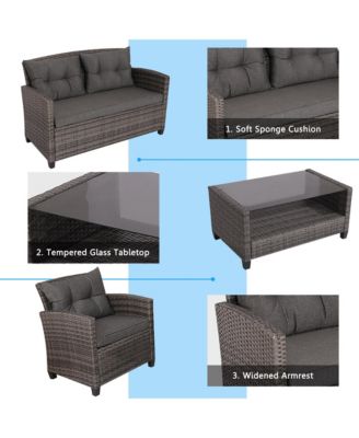 4PC Rattan Patio Conversation Set Cushioned Outdoor Furniture Set