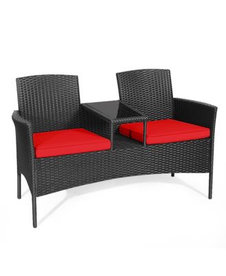 Rattan Wicker Patio Conversation Set w/ Table Red Cushion