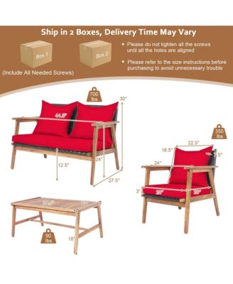 4PCS Patio Conversation Set Wood Frame Furniture Set w/ Red Cushions