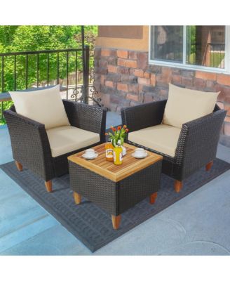 3PCS Patio Furniture Set Conversation Bistro Set w/ Acacia Wood & Cushions Beige