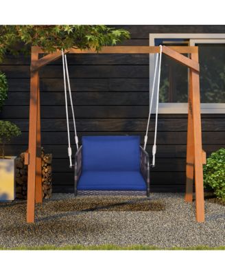 Patio Rattan Porch Swing Single Person Hanging Seat w/ Seat & Back Cushions Backyard