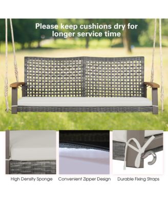 Rattan Patio Porch Swing 2-Person Cushioned Swing Chair Bench w/ Hanging Ropes