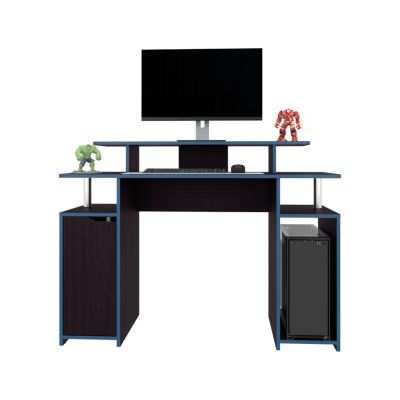 Hobart Gaming Desk, 1 Door, 6 Shelves, Black Wengue / Blue Edge