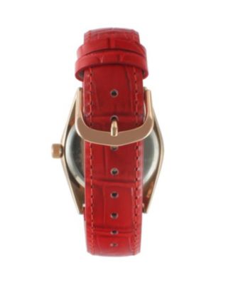 Women 36mm Red Fluted Bezel Watch with Leather Strap - Mother of Pearl Dial