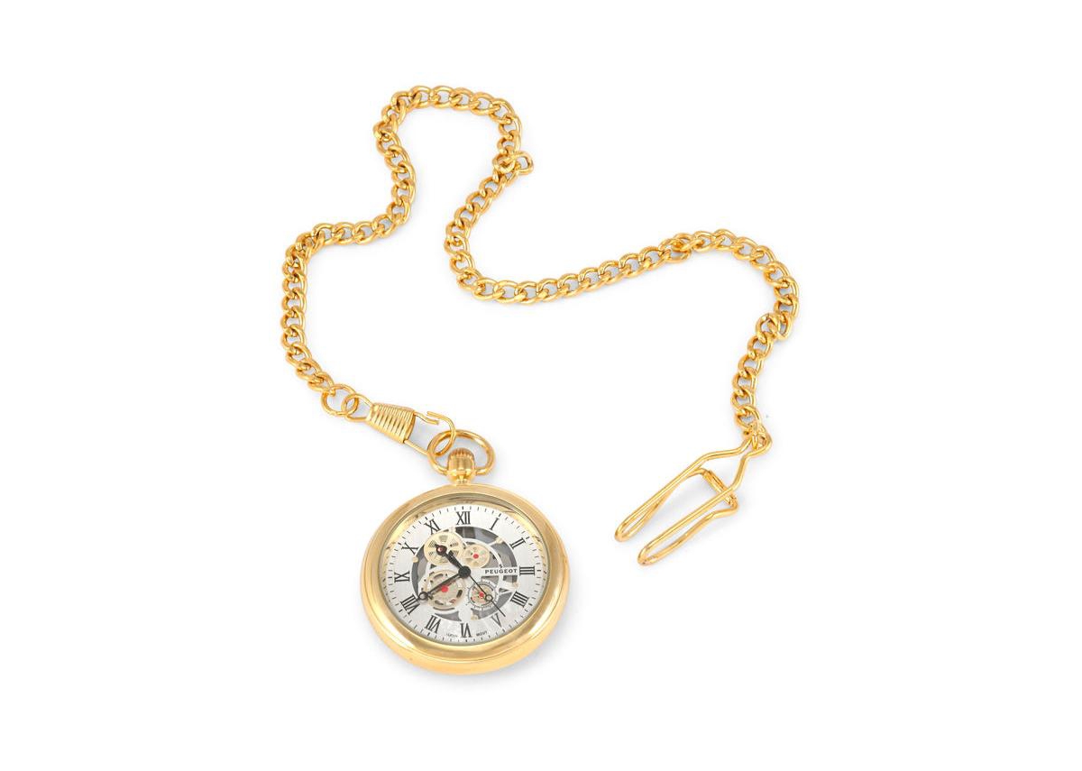 Men's 14K Gold Plated Deco Skeleton Dial Vintage Pocket Watch with Clip-On Chain