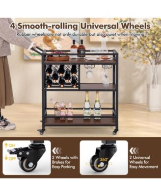 3-Tier Rolling Bar Serving Cart with Wine Rack and Glass Holder