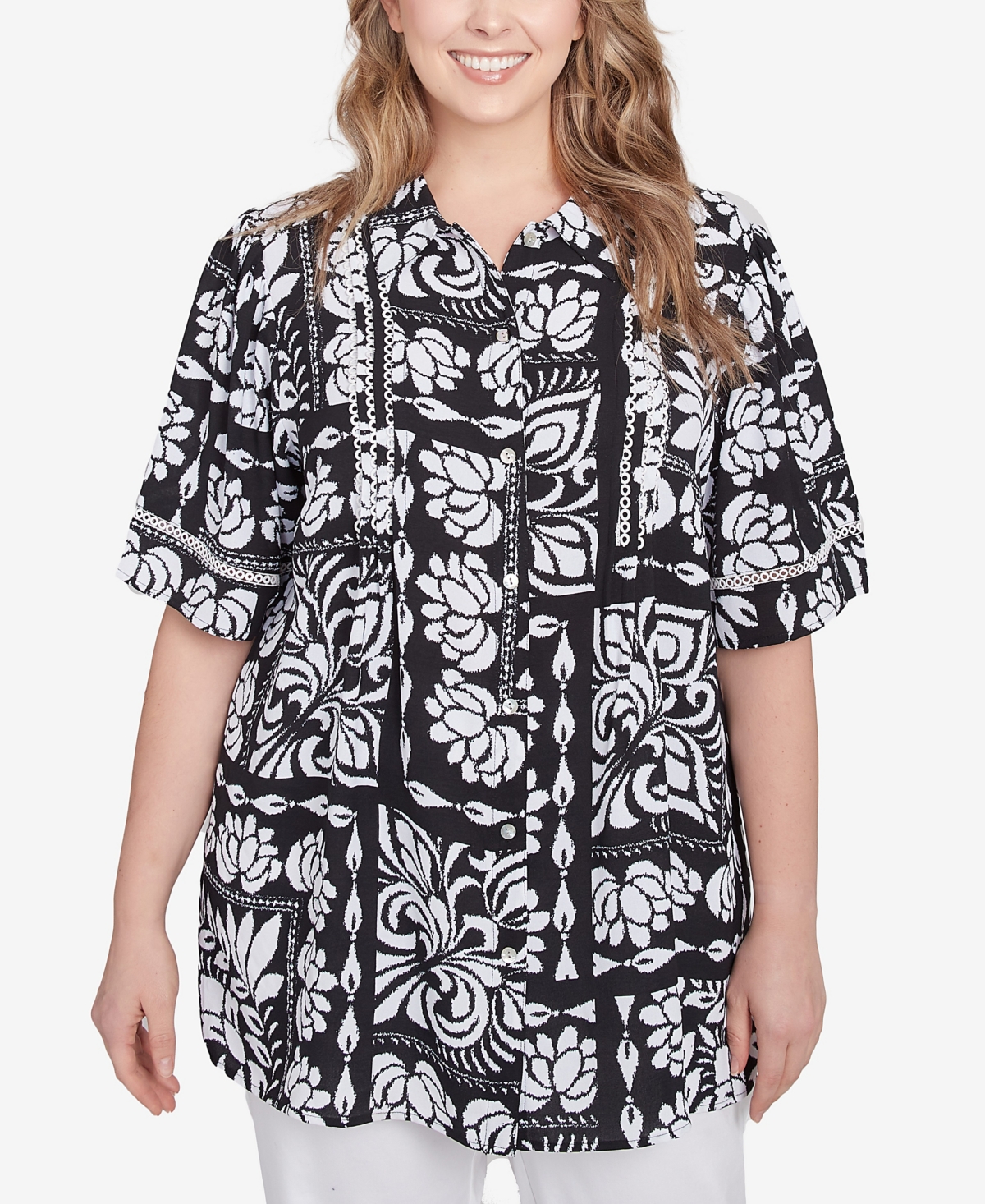 Plus Size Lotus Patchwork Button Front Camp Shirt - Black/White