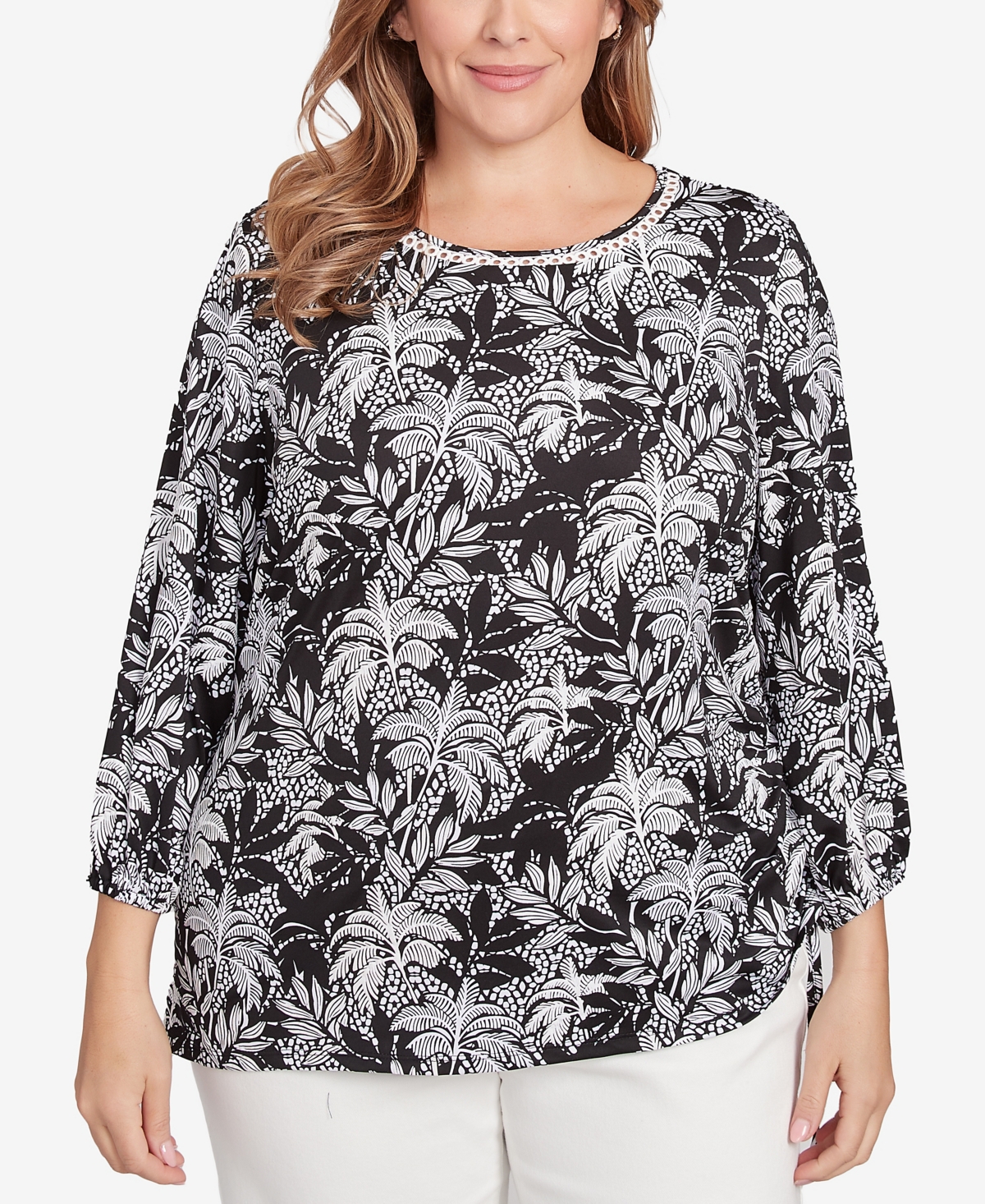 Plus Size Monotone Palms Side Tie Top - Black/White