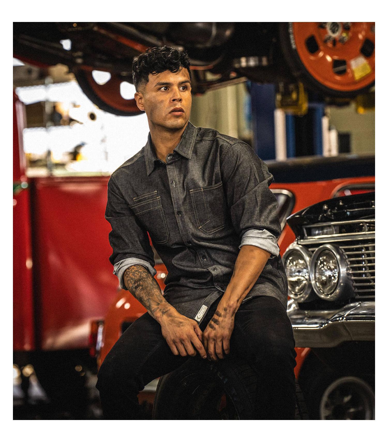 Men's Vintage Stretch Denim Long Sleeve Button Up Shirt