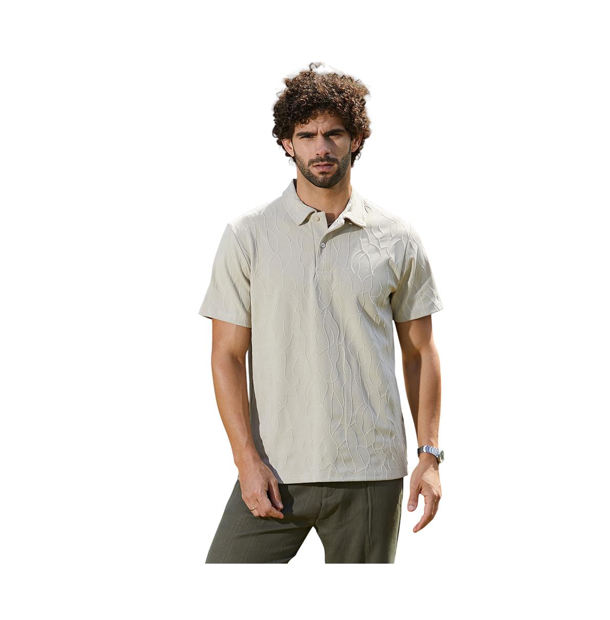 Men's Cream White Veined-Tactile Polo T-Shirt - White