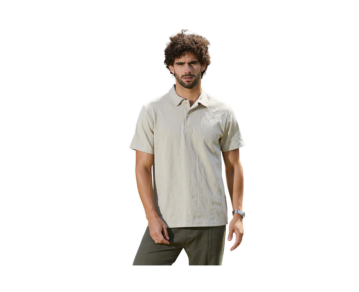 Men's Cream White Veined-Tactile Polo T-Shirt