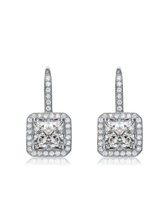 White Gold Plating with Clear Cubic Zirconia Leverback Halo Earrings