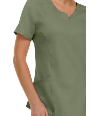 Women's Scrubs V-Neck Notch Fashion Stretch Scrub Top with Two Pockets, Flex Easy Care Fabric, Bubble Gum, Large