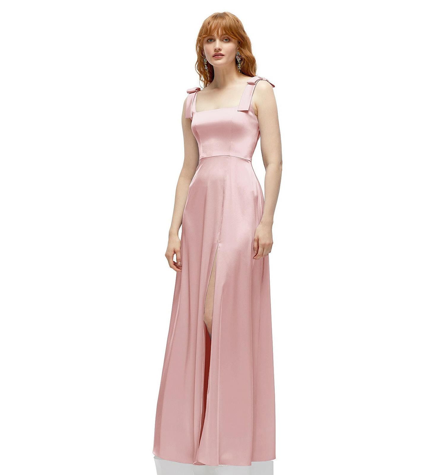 Women's Square Neck Fluid Satin Maxi Dress with Bow Straps